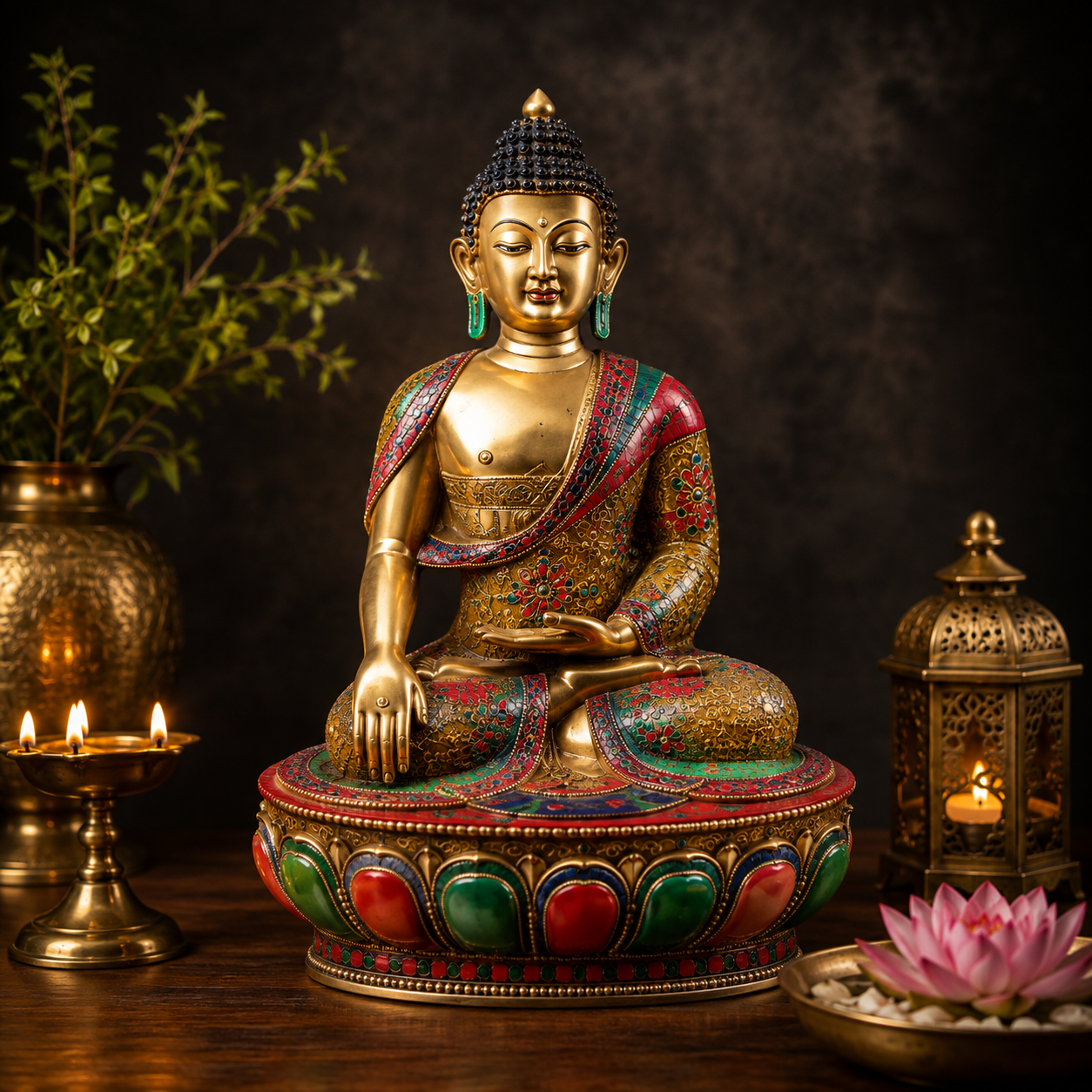 Brassaura® Buddha Bhumisparsha Mudra Sitting Idol with Gem Stone Work Finish | Pure Superfine Brass Handcrafted Murti | Brass Statue for Home Temple, Pooja Room | Height 46 Inches | Weight 83 Kgs