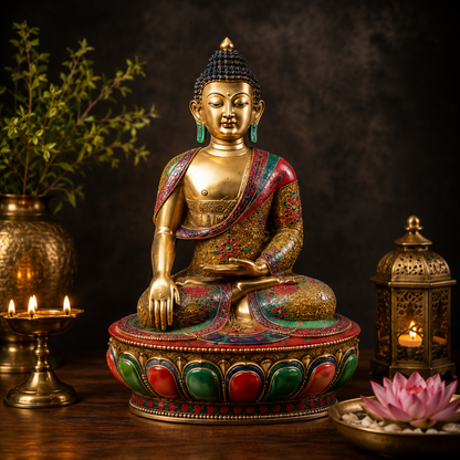 Brassaura® Buddha Bhumisparsha Mudra Sitting Idol with Gem Stone Work Finish | Pure Superfine Brass Handcrafted Murti | Brass Statue for Home Temple, Pooja Room | Height 46 Inches | Weight 83 Kgs
