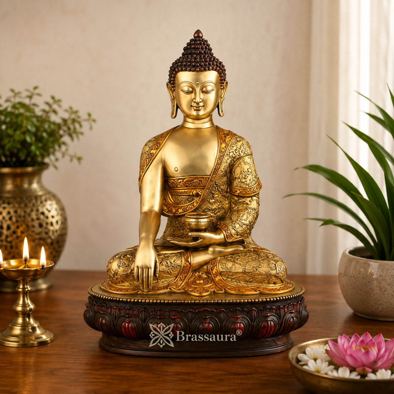 Brassaura® Buddha Bhumisparsha Mudra Sitting Idol with Antique Finish | Pure Superfine Brass Handcrafted Murti | Brass Statue for Home Temple, Pooja Room | Height 12 Inches | Weight 4.5 Kgs