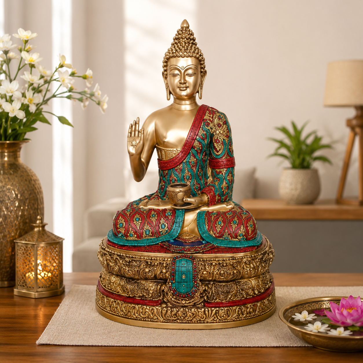 Brassaura® Buddha Sitting in Blessing Mudra Idol with Gem Stone Work Finish and Base | Pure Superfine Brass Handcrafted Murti | Brass Statue for Home Temple, Pooja Room | Height 20 Inches | Weight 20 Kgs