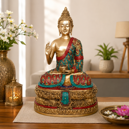 Brassaura® Buddha Sitting in Blessing Mudra Idol with Gem Stone Work Finish and Base | Pure Superfine Brass Handcrafted Murti | Brass Statue for Home Temple, Pooja Room | Height 20 Inches | Weight 20 Kgs