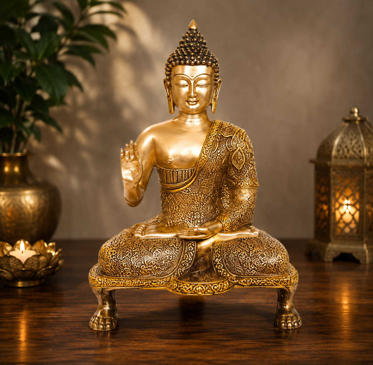 Brassaura® Buddha Sitting in Blessing Mudra Idol with Antique Finish | Pure Superfine Brass Handcrafted Murti | Brass Statue for Home Temple, Pooja Room | Height 20 Inches | Weight 11 Kgs