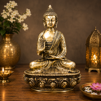 Brassaura® Buddha Sitting in Blessing Mudra Idol with Antique Finish and Base | Pure Superfine Brass Handcrafted Murti | Brass Statue for Home Temple, Pooja Room | Height 5.5 Inches | Weight 0.9 Kg