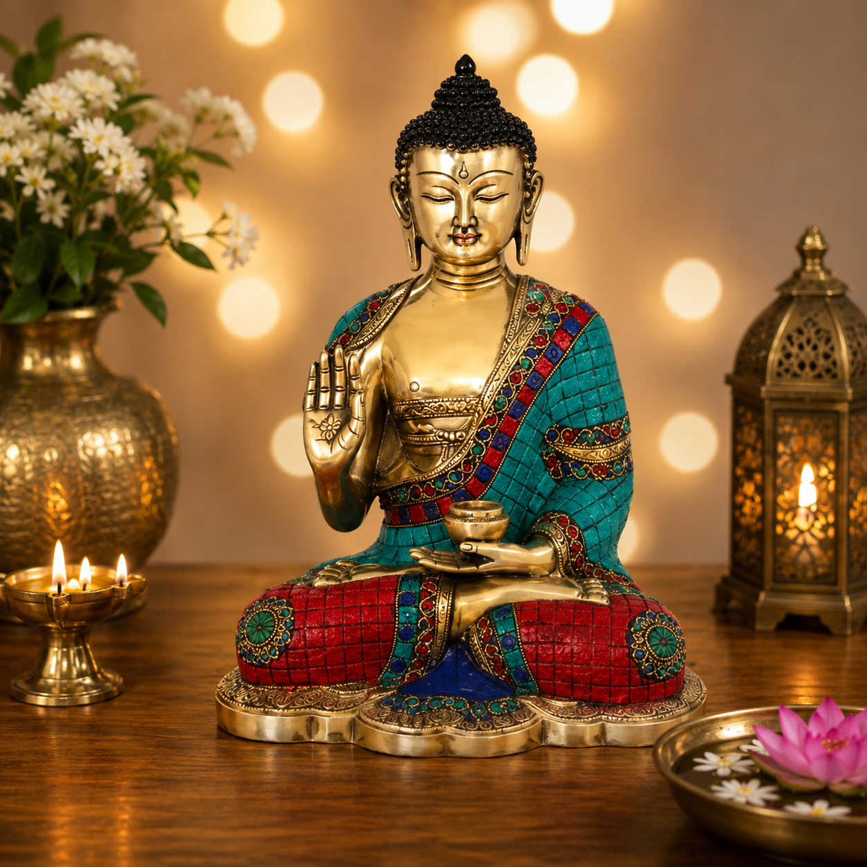 Brassaura® Buddha Sitting in Blessing Mudra Idol with Gem Stone Work Finish | Pure Superfine Brass Handcrafted Murti | Brass Statue for Home Temple, Pooja Room | Height 12 Inches | Weight 5.5 Kgs