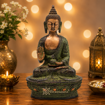 Brassaura® Buddha Sitting in Blessing Mudra Idol with Antique Green & Gold Finish and Base | Pure Superfine Brass Handcrafted Murti | Brass Statue for Home Temple, Pooja Room | Height 7 Inches | Weight 1 Kg