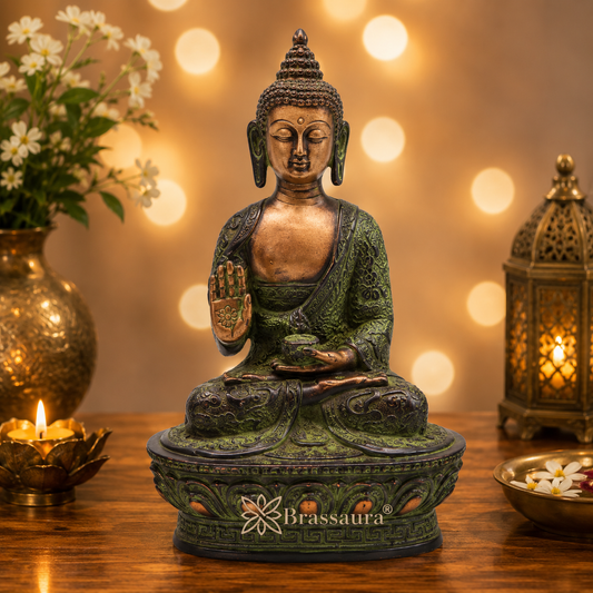 Brassaura® Buddha Sitting in Blessing Mudra Idol with Antique Green & Gold Finish and Base | Pure Superfine Brass Handcrafted Murti | Brass Statue for Home Temple, Pooja Room | Height 7 Inches | Weight 1 Kg