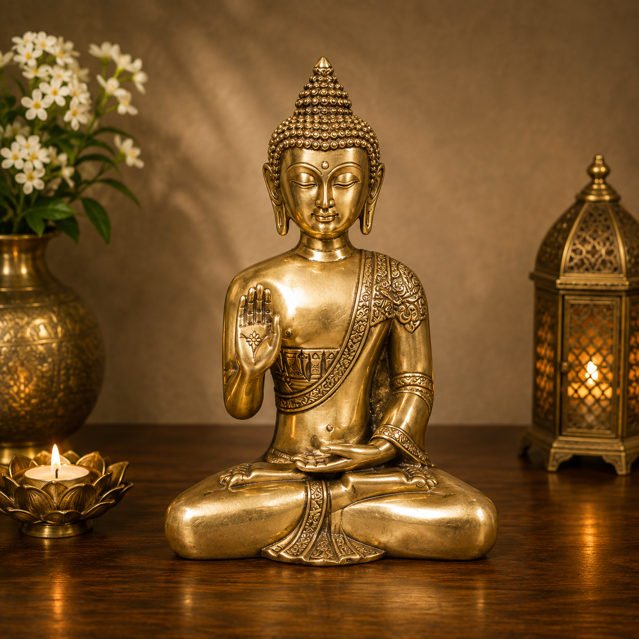 Brassaura® Buddha Sitting in Blessing Mudra Idol with Antique Finish | Pure Superfine Brass Handcrafted Murti | Brass Statue for Home Temple, Pooja Room | Height 6 Inches | Weight 1 Kg