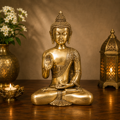Brassaura® Buddha Sitting in Blessing Mudra Idol with Antique Finish | Pure Superfine Brass Handcrafted Murti | Brass Statue for Home Temple, Pooja Room | Height 6 Inches | Weight 1 Kg