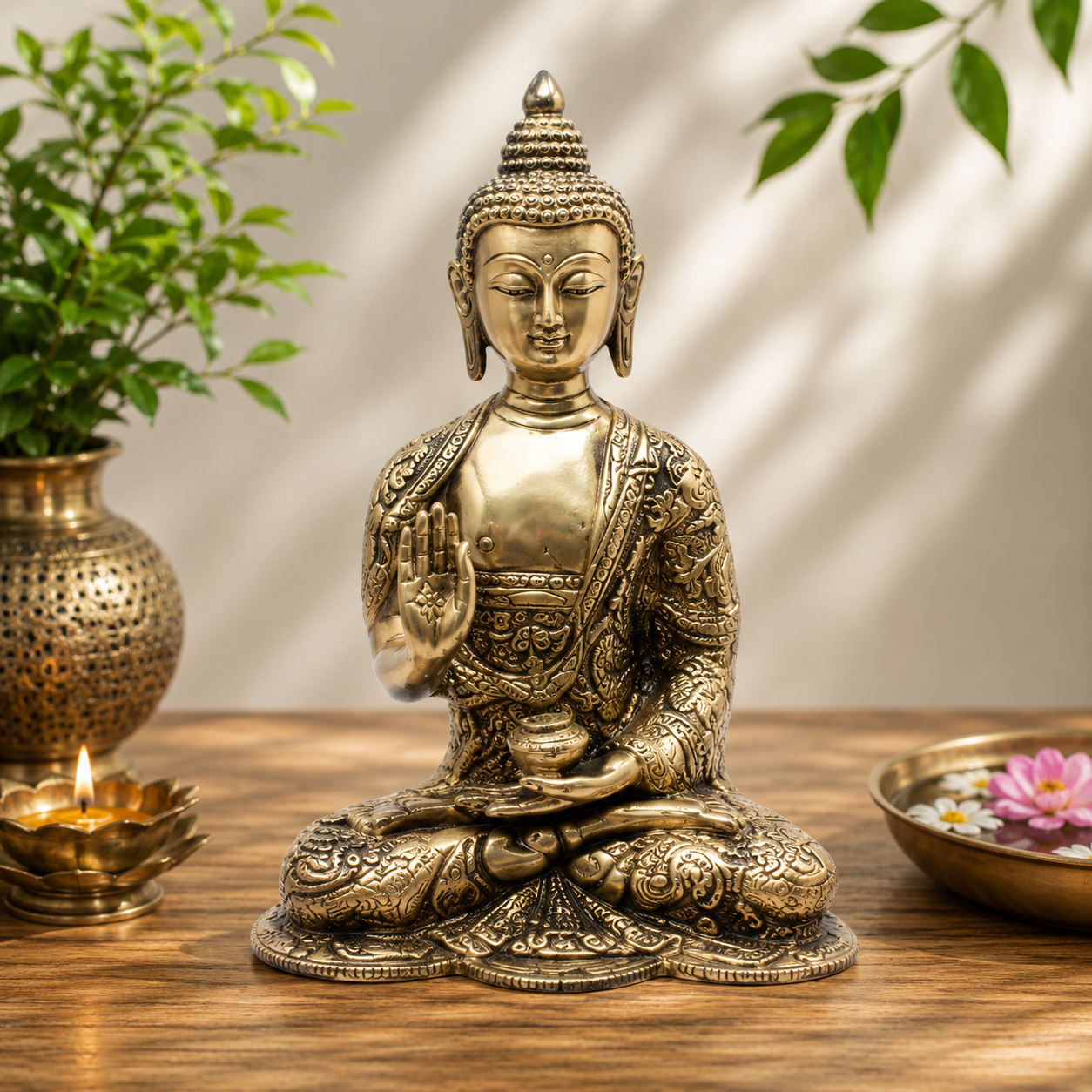 Brassaura® Buddha Sitting in Blessing Mudra Idol with Antique Finish | Pure Superfine Brass Handcrafted Murti | Brass Statue for Home Temple, Pooja Room | Height 6 Inches | Weight 1.1 Kgs