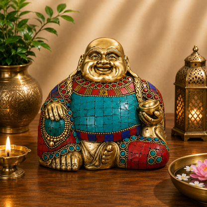 Brassaura® Laughing Buddha Idol with Gem Stone Work Finish | Pure Superfine Brass Handcrafted Murti | Brass Statue for Home Temple, Pooja Room | Height 4 Inches | Weight 1.4 Kgs