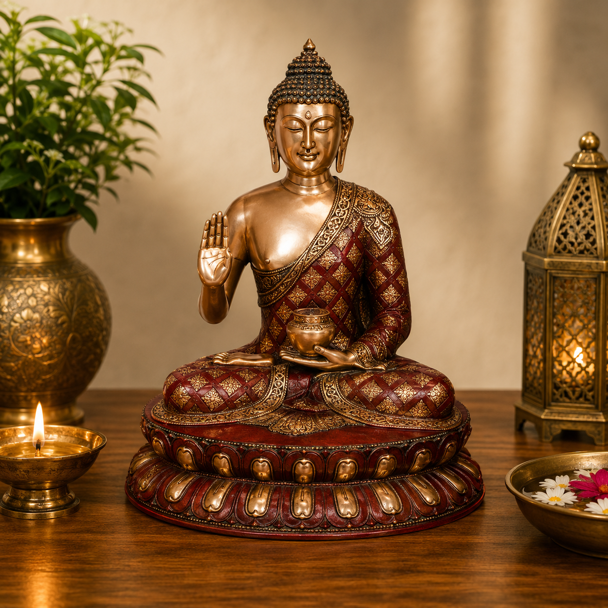 Brassaura® Buddha Sitting in Blessing Mudra Idol with Multicolor Finish | Pure Superfine Brass Handcrafted Murti | Brass Statue for Home Temple, Pooja Room | Height 27 Inches | Weight 30 Kgs