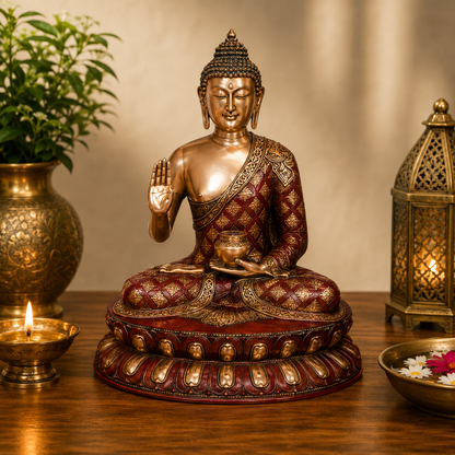 Brassaura® Buddha Sitting in Blessing Mudra Idol with Multicolor Finish | Pure Superfine Brass Handcrafted Murti | Brass Statue for Home Temple, Pooja Room | Height 27 Inches | Weight 30 Kgs