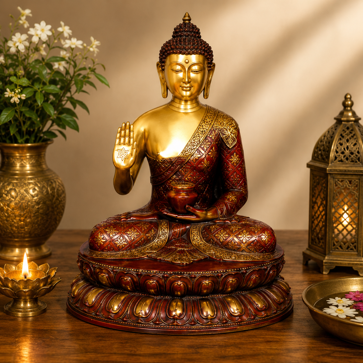 Brassaura® Buddha Sitting in Blessing Mudra Idol with Multicolor Finish | Pure Superfine Brass Handcrafted Murti | Brass Statue for Home Temple, Pooja Room | Height 27 Inches | Weight 30 Kgs