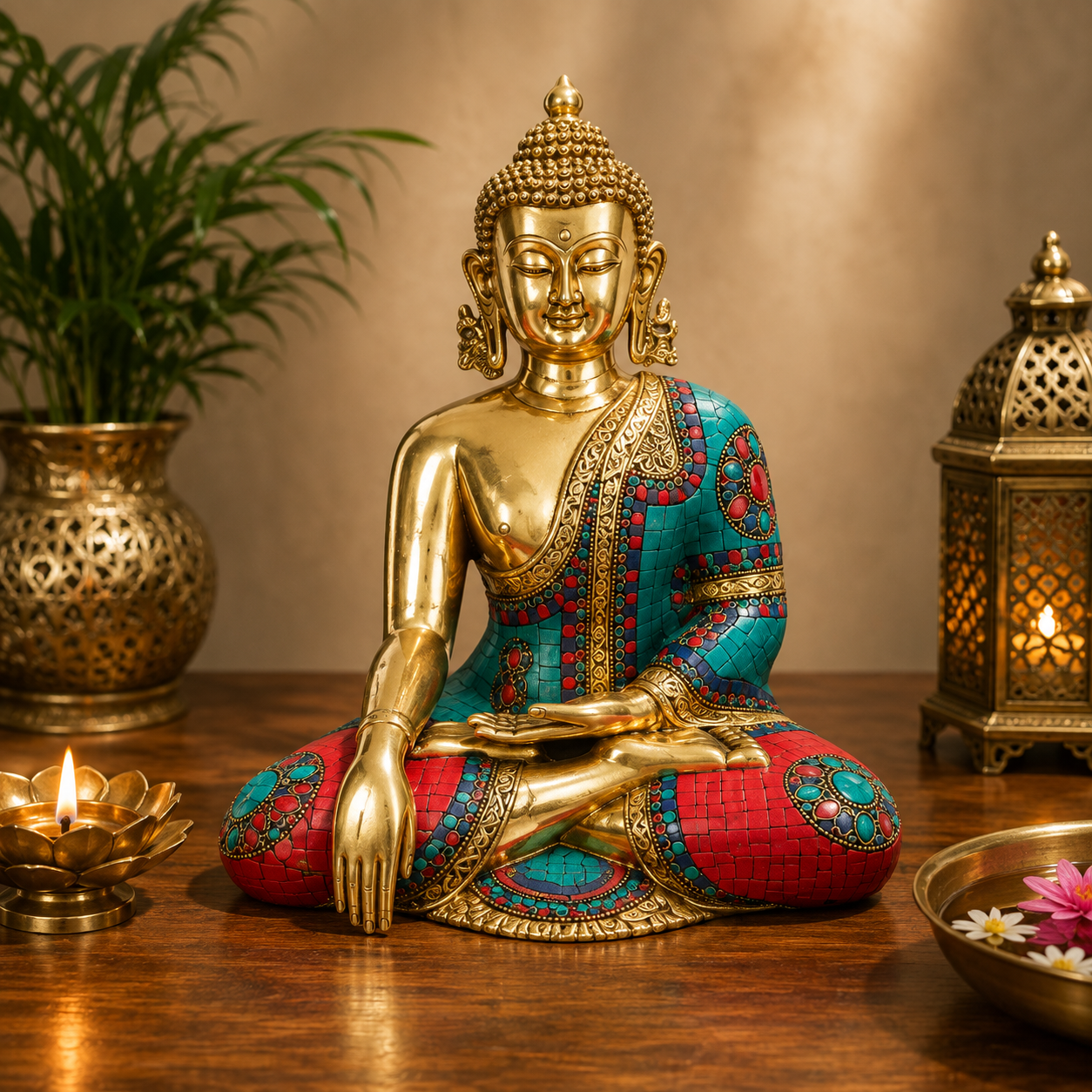 पीतल भूमिसपर्शा जेम स्टोन वर्क बुद्ध वज़न 29 किलोग्राम और ऊँचाई 25 इंच