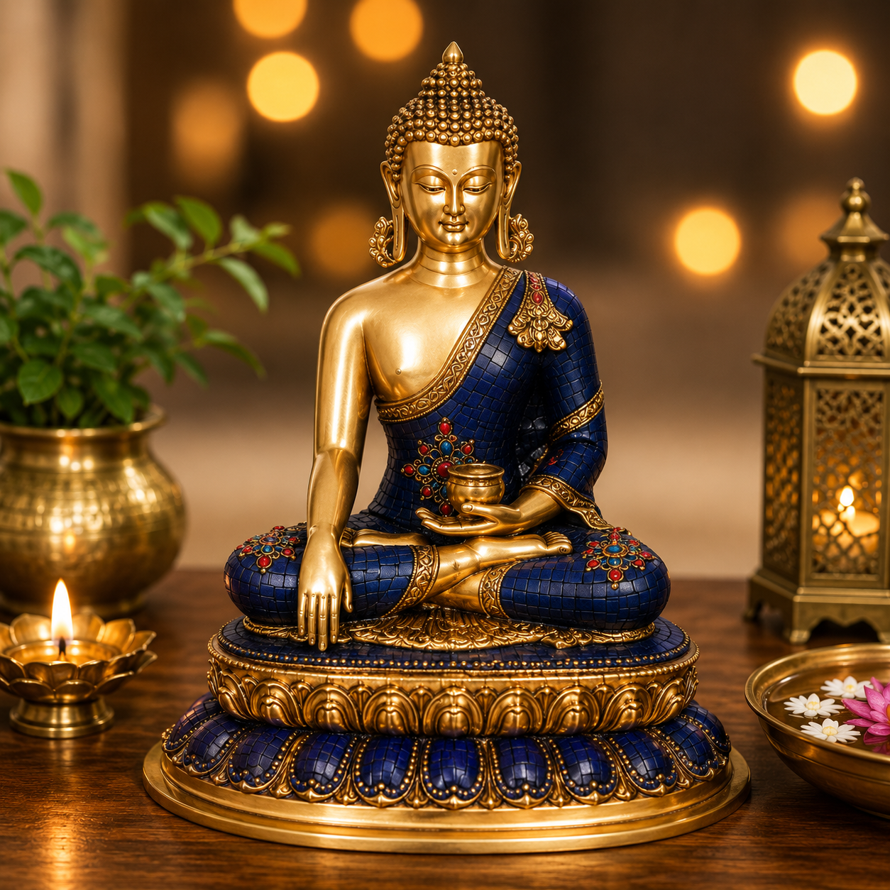 Brassaura® Buddha Bhumisparsha Mudra Sitting Idol with Gem Stone Work Multicolor Finish | Pure Superfine Brass Handcrafted Murti | Brass Statue for Home Temple, Pooja Room | Height 22 Inches | Weight 18 Kgs