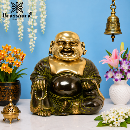 Brassaura® Laughing Buddha Sitting Idol with Antique Black & Gold Finish | Pure Superfine Brass Handcrafted Murti | Brass Statue for Home Temple, Pooja Room | Height 9.5 Inches | Weight 6 Kgs