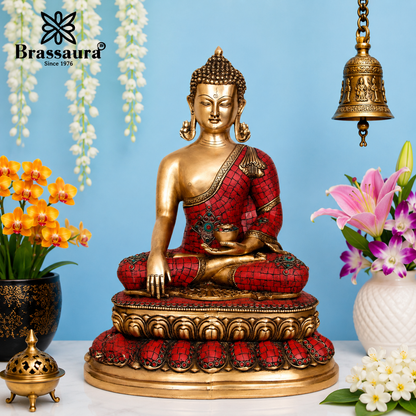Brassaura® Buddha Bhumisparsha Mudra Sitting Idol with Gem Stone Work Finish | Pure Superfine Brass Handcrafted Murti | Brass Statue for Home Temple, Pooja Room | Height 22 Inches | Weight 18 Kgs