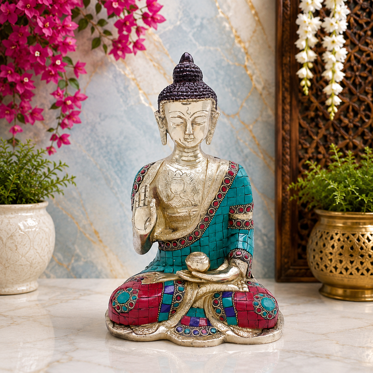 Brassaura® Buddha Sitting in Blessing Mudra Idol with Gem Stone Work Finish | Pure Superfine Brass Handcrafted Murti | Brass Statue for Home Temple, Pooja Room | Height 10.5 Inches | Weight 3.8 Kgs
