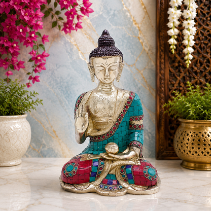 Brassaura® Buddha Sitting in Blessing Mudra Idol with Gem Stone Work Finish | Pure Superfine Brass Handcrafted Murti | Brass Statue for Home Temple, Pooja Room | Height 10.5 Inches | Weight 3.8 Kgs