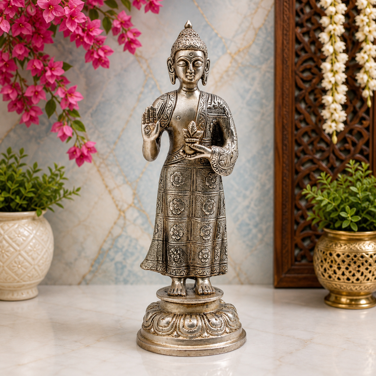 Brassaura® Buddha Standing in Blessing Mudra Idol with Antique Finish | Pure Superfine Brass Handcrafted Murti | Brass Statue for Home Temple, Pooja Room | Height 8 Inches | Weight 0.95 Kg