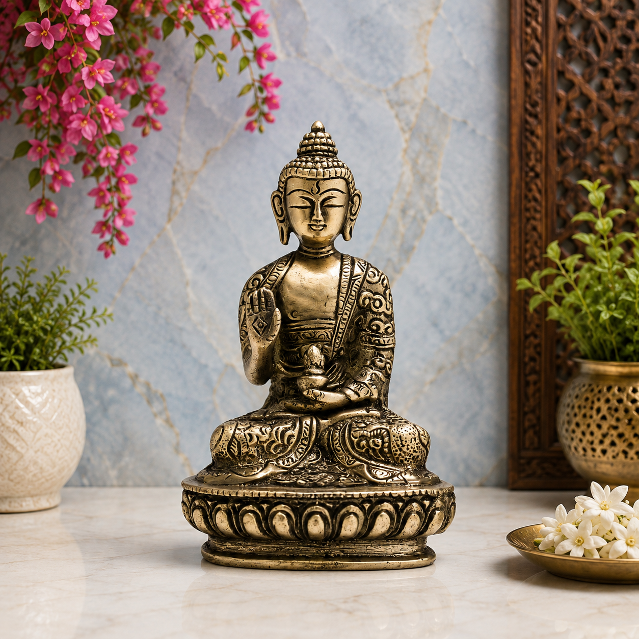 Brassaura® Buddha Sitting in Blessing Mudra Idol with Antique Finish and Base | Pure Superfine Brass Handcrafted Murti | Brass Statue for Home Temple, Pooja Room | Height 5.5 Inches | Weight 0.9 Kgs