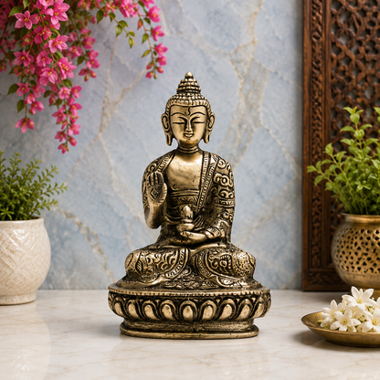 Brassaura® Buddha Sitting in Blessing Mudra Idol with Antique Finish and Base | Pure Superfine Brass Handcrafted Murti | Brass Statue for Home Temple, Pooja Room | Height 5.5 Inches | Weight 0.9 Kgs