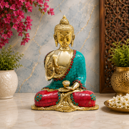 Brassaura® Buddha Sitting in Blessing Mudra Idol with Gem Stone Work Finish | Pure Superfine Brass Handcrafted Murti | Brass Statue for Home Temple, Pooja Room | Height 9 Inches | Weight 2.3 Kgs