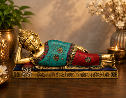 Brassaura® Buddha Sleeping Reclining Idol with Gem Stone Work Finish | Pure Superfine Brass Handcrafted Murti | Brass Statue for Home Temple, Pooja Room | Height 9 Inches | Weight 10 Kgs