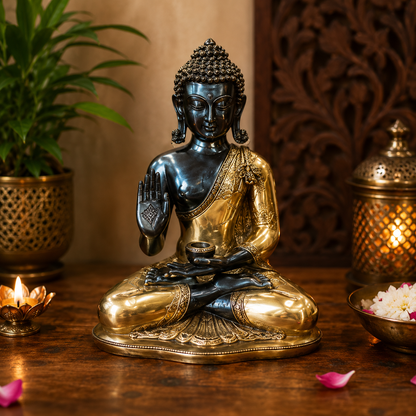 Brassaura® Buddha Sitting in Blessing Mudra Idol with Multicolor Finish | Pure Superfine Brass Handcrafted Murti | Brass Statue for Home Temple, Pooja Room | Height 19 Inches | Weight 17 Kgs
