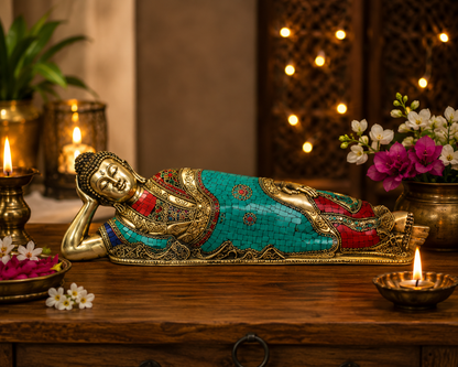 Brassaura® Buddha Sleeping Reclining Idol with Gem Stone Work Finish | Pure Superfine Brass Handcrafted Murti | Brass Statue for Home Temple, Pooja Room | Height 12 Inches | Weight 27 Kgs