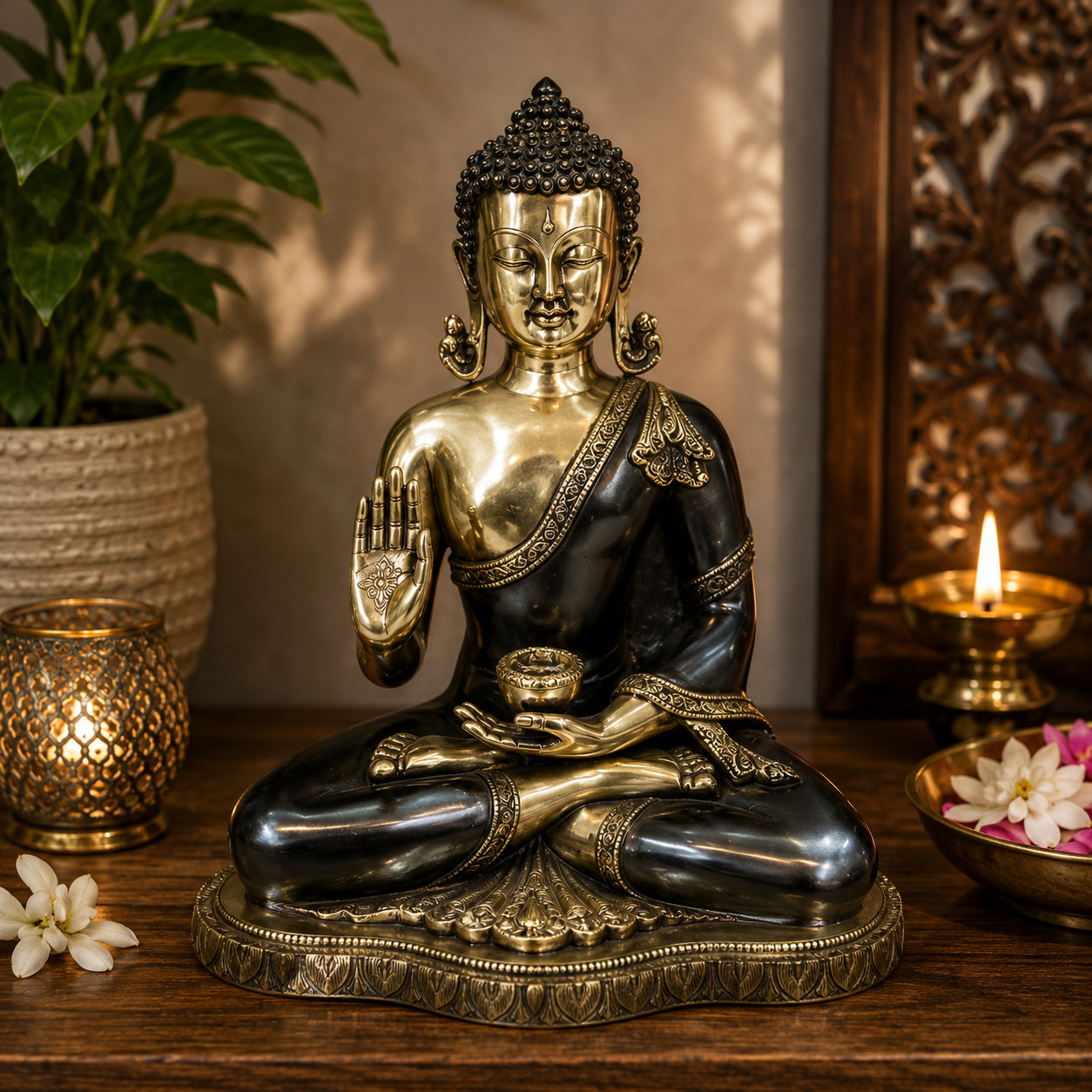 Brassaura® Buddha Sitting in Blessing Mudra Idol with Multicolor Finish | Pure Superfine Brass Handcrafted Murti | Brass Statue for Home Temple, Pooja Room | Height 20 Inches | Weight 16 Kgs