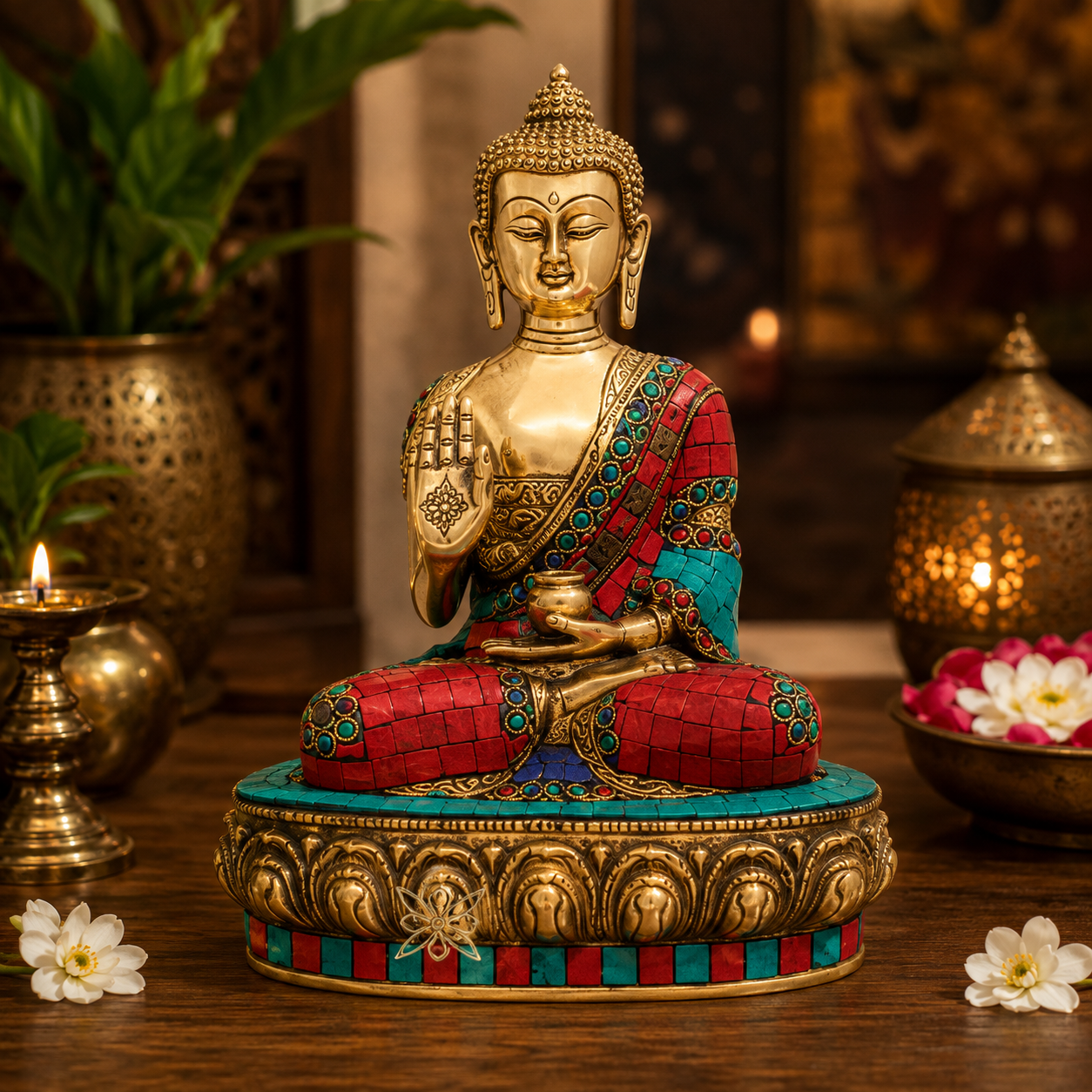 Brassaura® Buddha Sitting in Blessing Mudra Idol with Gem Stone Work Finish | Pure Superfine Brass Handcrafted Murti | Brass Statue for Home Temple, Pooja Room | Height 6 Inches | Weight 1.3 Kgs