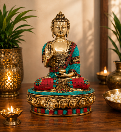 Brassaura® Buddha Sitting in Blessing Mudra Idol with Gem Stone Work Finish | Pure Superfine Brass Handcrafted Murti | Brass Statue for Home Temple, Pooja Room | Height 12 Inches | Weight 4.8 Kgs