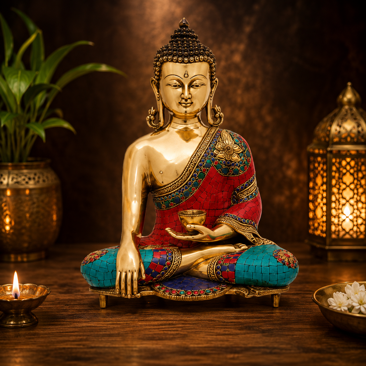Brassaura® Buddha Bhumisparsha Mudra Sitting Idol with Gem Stone Work Finish | Pure Superfine Brass Handcrafted Murti | Brass Statue for Home Temple, Pooja Room | Height 16 Inches | Weight 11 Kgs