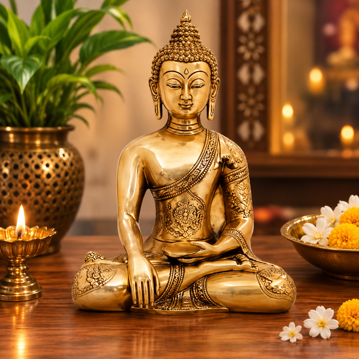 Brassaura® Buddha Bhumisparsha Mudra Sitting Idol with Royal Golden Finish | Pure Superfine Brass Handcrafted Murti | Brass Statue for Home Temple, Pooja Room | Height 7.5 Inches | Weight 1.7 Kgs