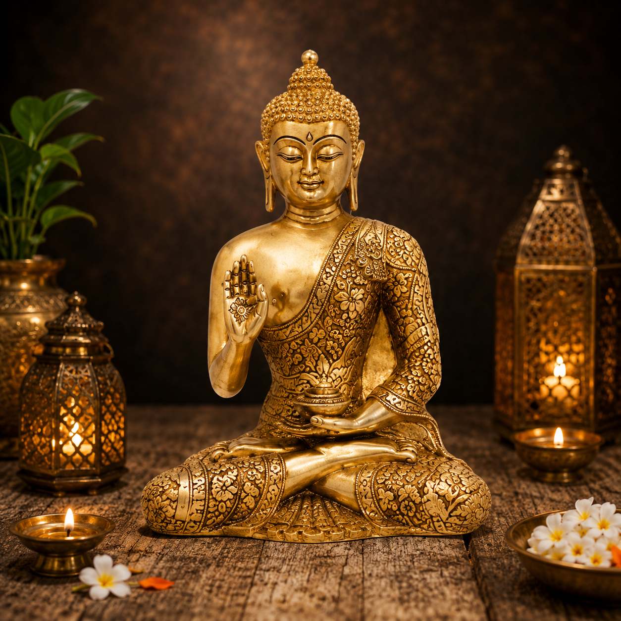 Brassaura® Buddha Sitting in Blessing Mudra Idol with Artistic Antique Finish | Pure Superfine Brass Handcrafted Murti | Brass Statue for Home Temple, Pooja Room | Height 8 Inches | Weight 2.3 Kgs