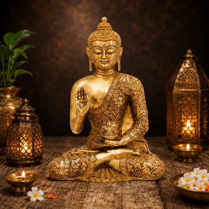 Brassaura® Buddha Sitting in Blessing Mudra Idol with Artistic Antique Finish | Pure Superfine Brass Handcrafted Murti | Brass Statue for Home Temple, Pooja Room | Height 8 Inches | Weight 2.3 Kgs