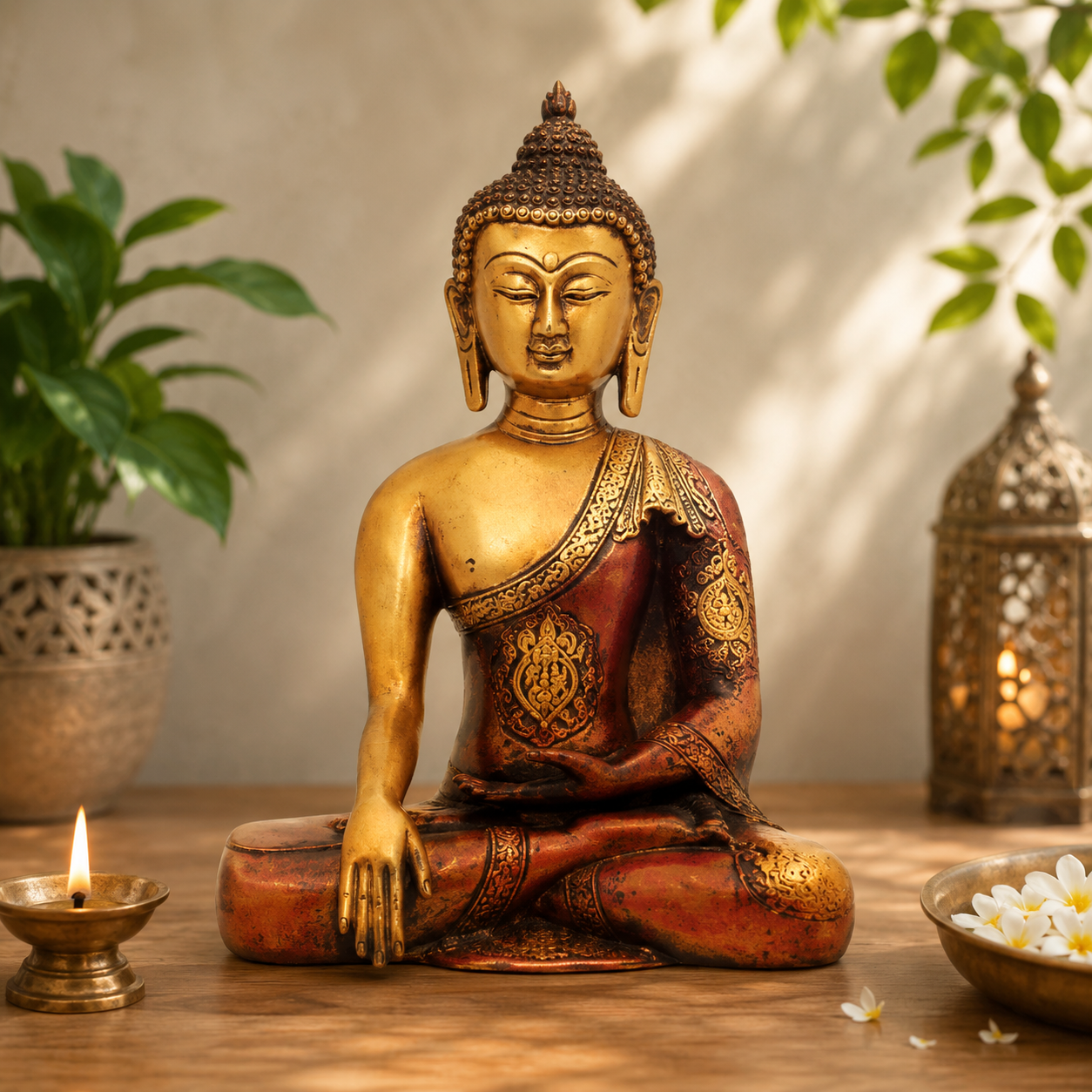 Brassaura® Buddha Sitting in Blessing Mudra Idol with Antique Finish | Pure Superfine Brass Handcrafted Murti | Brass Statue for Home Temple, Pooja Room | Height 7 Inches | Weight 1.8 Kgs