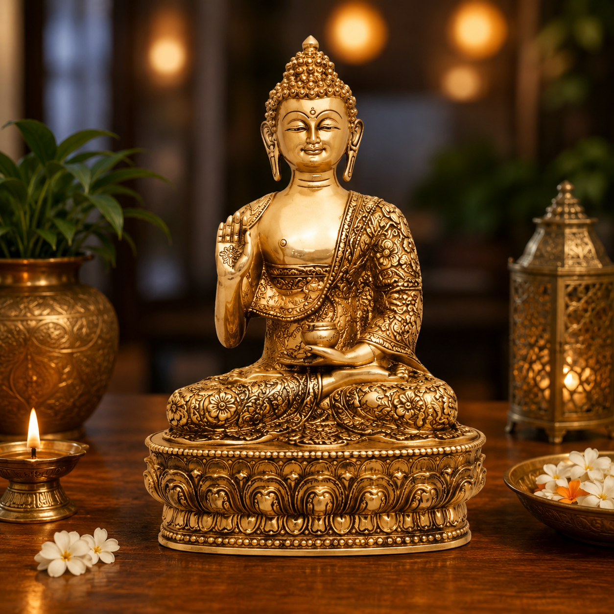 Brassaura® Buddha Sitting in Blessing Mudra Idol with Antique Finish and Base | Pure Superfine Brass Handcrafted Murti | Brass Statue for Home Temple, Pooja Room | Height 12 Inches | Weight 4.5 Kgs
