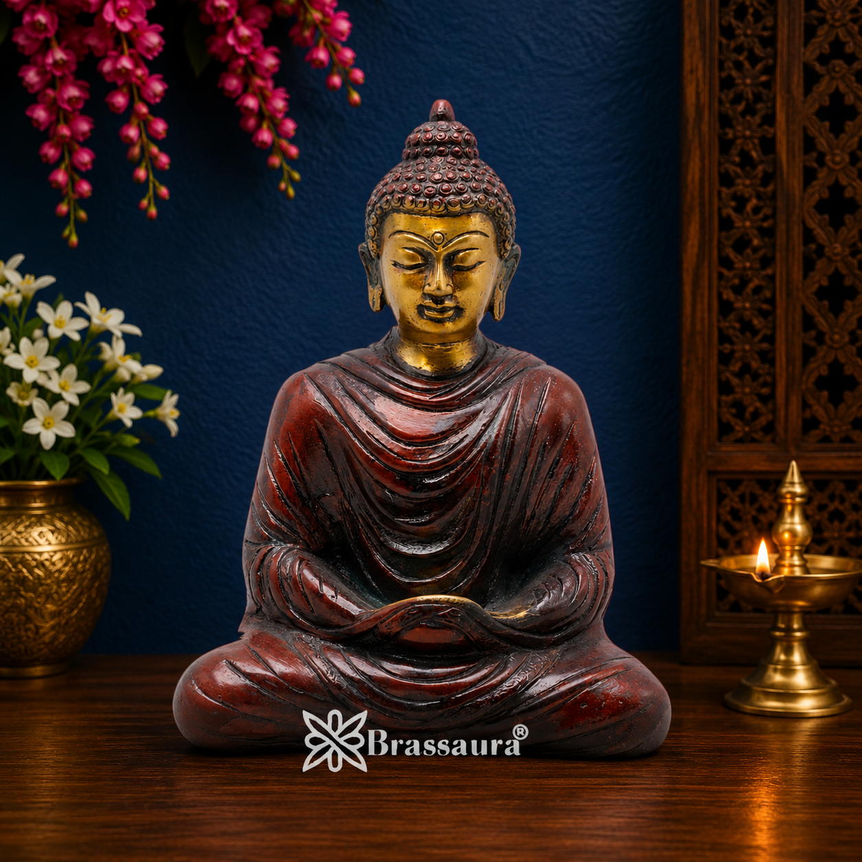 Brassaura® Buddha Seated Meditation Idol with Red And Golden Finish | Pure Superfine Brass Handcrafted Murti | Brass Statue for Home Temple, Pooja Room | Height 7 Inches | Weight 1.9 Kgs