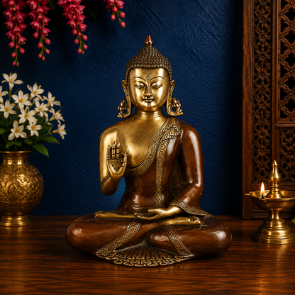 Brassaura® Buddha Seated Blessing Pose Idol with Silver And Golden Finish | Pure Superfine Brass Handcrafted Murti | Brass Statue for Home Temple, Pooja Room | Height 13 Inches | Weight 6 Kgs