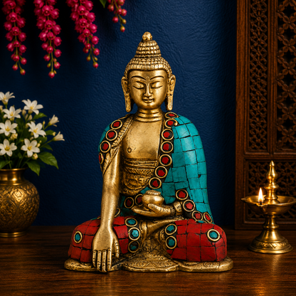 Brassaura® Buddha Seated Meditation Idol with Golden Brass And Multicolor Finish | Pure Superfine Brass Handcrafted Murti | Brass Statue for Home Temple, Pooja Room | Height 4.5 Inches | Weight 0.7 Kgs