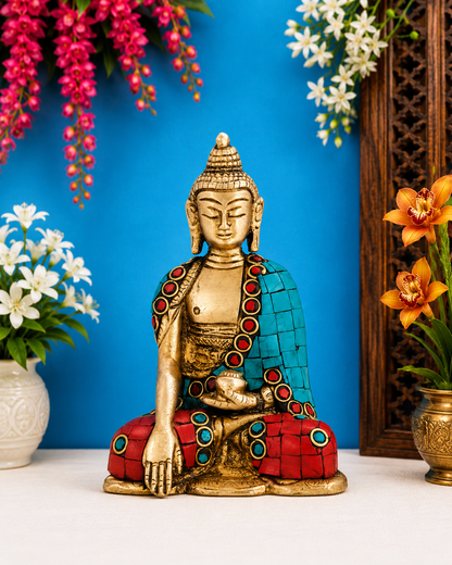 Brassaura® Buddha Seated Meditation Idol with Golden Brass And Multicolor Finish | Pure Superfine Brass Handcrafted Murti | Brass Statue for Home Temple, Pooja Room | Height 6 Inches | Weight 1.3 Kgs