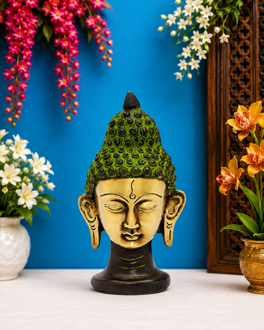 Brassaura® Buddha Bust Idol with Green And Golden Finish | Pure Superfine Brass Handcrafted Murti | Brass Statue for Home Temple, Pooja Room | Height 5 Inches | Weight 1 Kgs