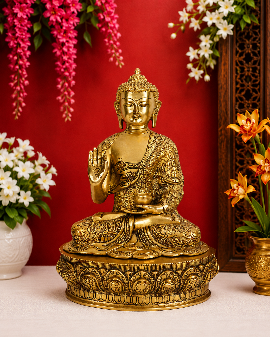 Brassaura® Buddha Seated Blessing Idol with Golden Brass Finish | Pure Superfine Brass Handcrafted Murti | Brass Statue for Home Temple, Pooja Room | Height 15 Inches | Weight 7.3 Kgs