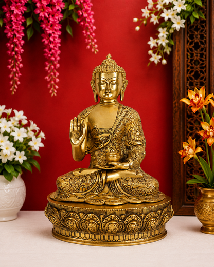 Brassaura® Buddha Seated Blessing Idol with Golden Brass Finish | Pure Superfine Brass Handcrafted Murti | Brass Statue for Home Temple, Pooja Room | Height 15 Inches | Weight 7.3 Kgs