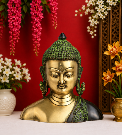 Brassaura® Buddha Bust Idol with Green And Golden Finish | Pure Superfine Brass Handcrafted Murti | Brass Statue for Home Temple, Pooja Room | Height 7 Inches | Weight 1.6 Kgs