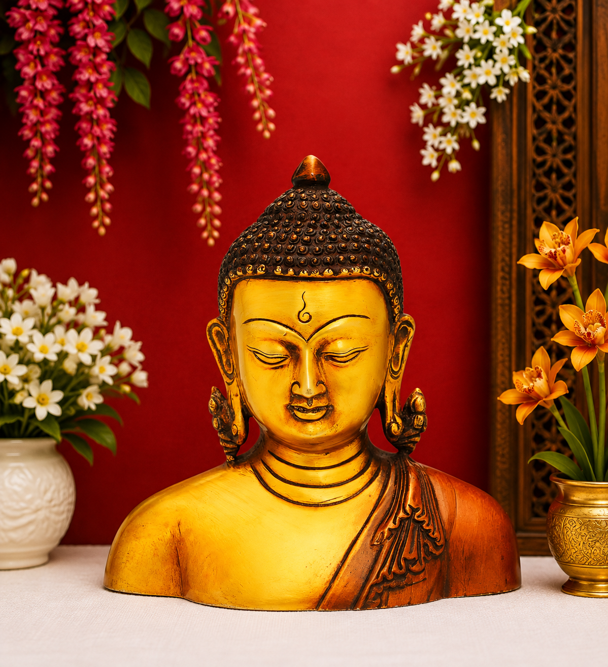 Brassaura® Buddha Bust Idol with Golden And Dark Brown Finish | Pure Superfine Brass Handcrafted Murti | Brass Statue for Home Temple, Pooja Room | Height 6 Inches | Weight 1.5 Kgs
