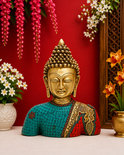 Brassaura® Buddha Bust Idol with Golden And Multicolor Finish | Pure Superfine Brass Handcrafted Murti | Brass Statue for Home Temple, Pooja Room | Height 11 Inches | Weight 3.7 Kgs