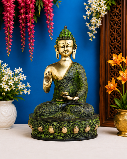 Brassaura® Buddha Seated Blessing Idol with Golden And Green Finish | Pure Superfine Brass Handcrafted Murti | Brass Statue for Home Temple, Pooja Room | Height 11 Inches | Weight 4.5 Kgs